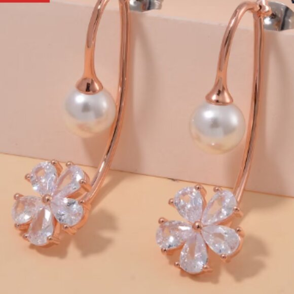 White Shell Pearl, Simulated Diamond Earrings in Rosetone - Picture 1 of 4